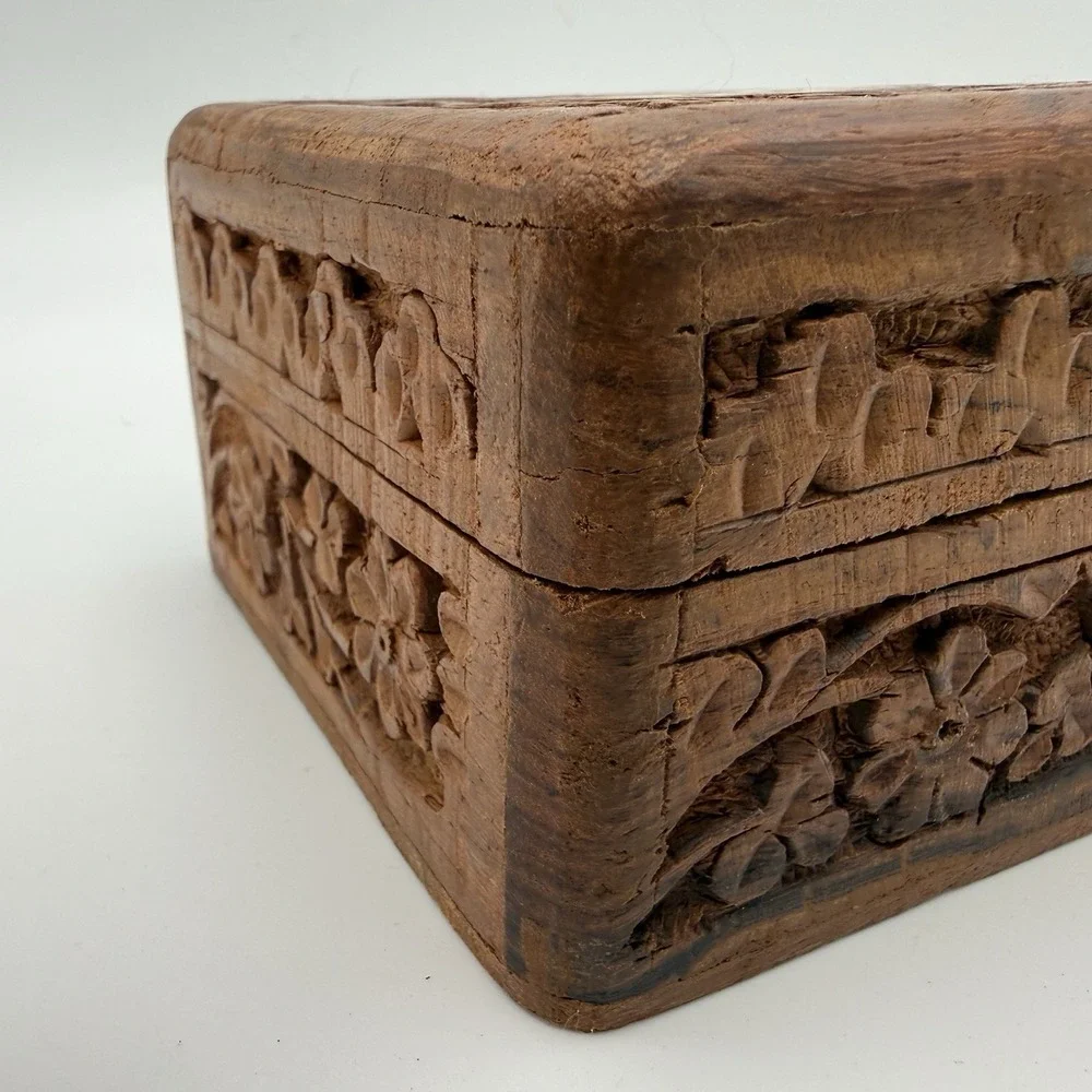 Vintage Wooden Trinket Box Jewelry Hinge Made in India Small Decor 4x4x2.5in